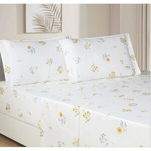 Leila Yellow Floral 100% Cotton Sheet Set with Pillowcases Queen Shabby Chic